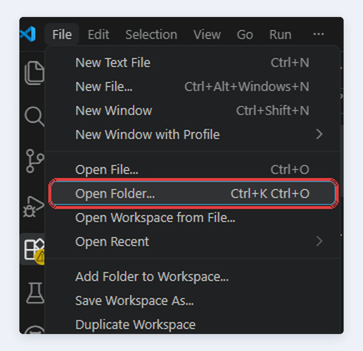 VS Code의 File 메뉴를 펼친 화면에서 Open Folder 항목을 빨간 테두리로 표시했습니다.