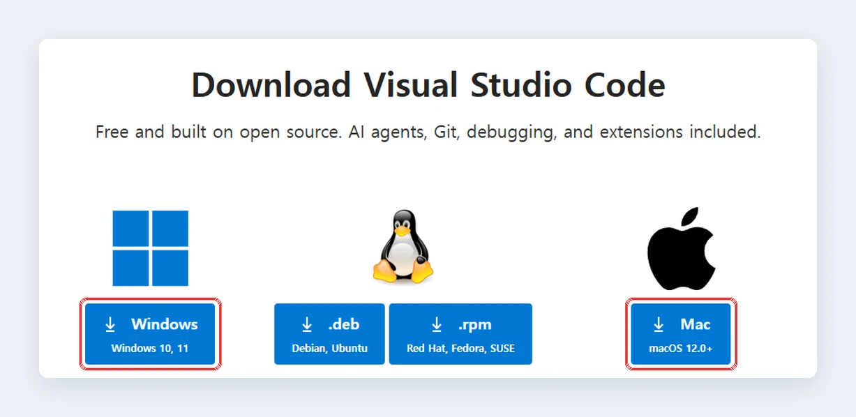 VS Code 공식 내려받기 화면에서 Windows 버튼과 Mac 버튼을 빨간 테두리로 표시했습니다.
