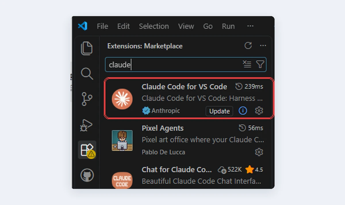 VS Code 확장 검색창에 claude를 입력한 화면에서, 게시자가 Anthropic이고 인증 표시가 있는 Claude Code for VS Code를 빨간 테두리로 표시했습니다.